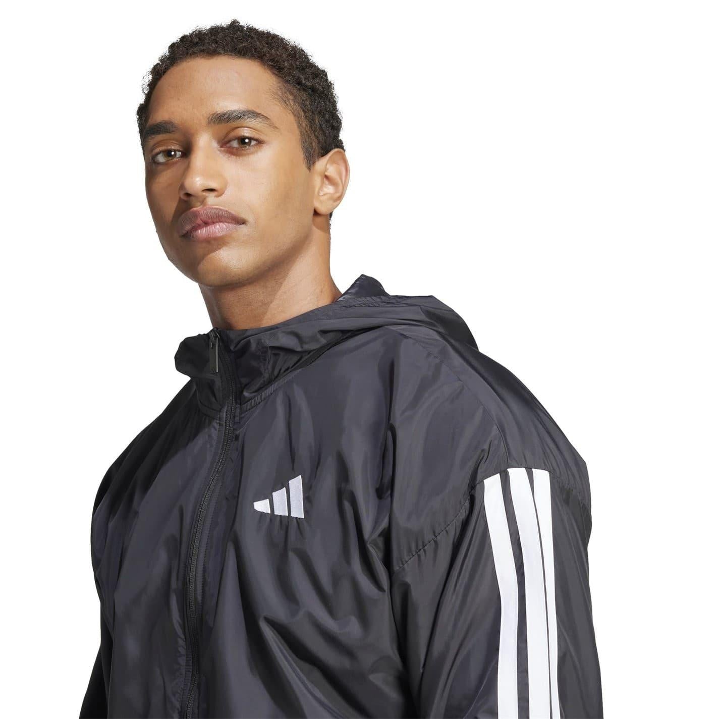 Black-White - Lifestyle - Adidas Mens Essentials 3 Stripes Lightweight Windbreaker