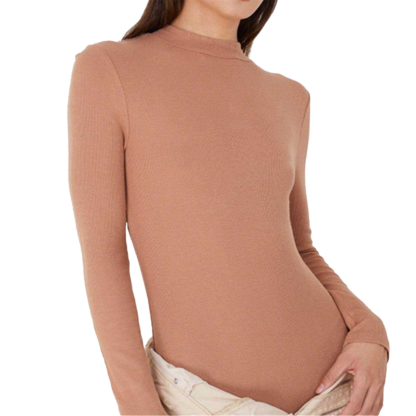 Camel - Side - Brave Soul Womens-Ladies Ribbed High-Neck Long-Sleeved Bodysuit
