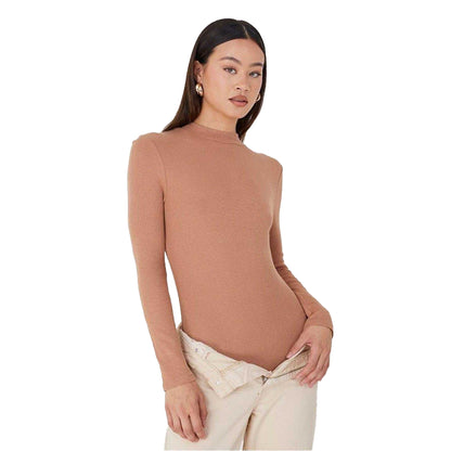 Camel - Lifestyle - Brave Soul Womens-Ladies Ribbed High-Neck Long-Sleeved Bodysuit