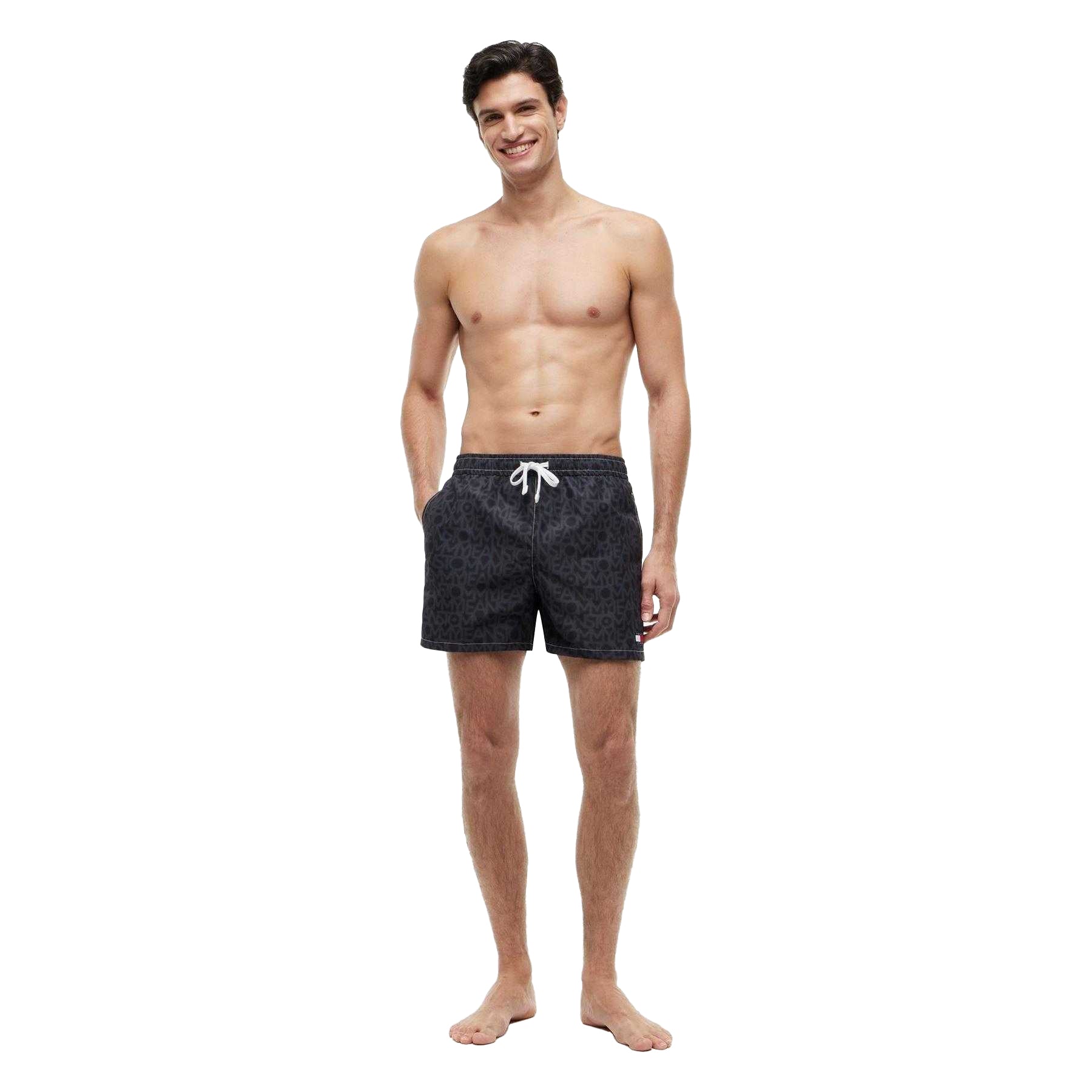 Black - Pack Shot - Tommy Hilfiger Mens Printed Swim Shorts