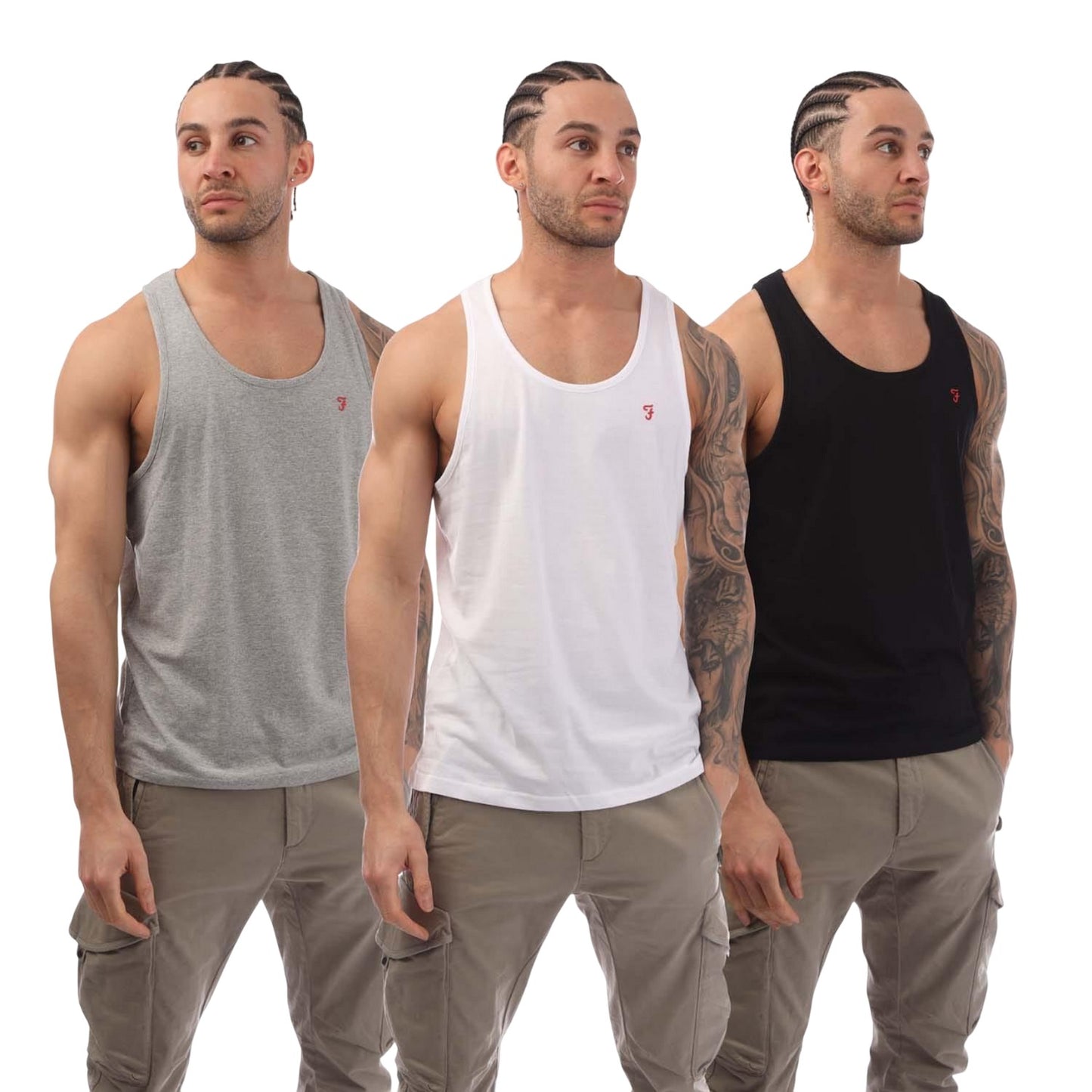 Black-Grey-White - Front - Farah Mens Riago Tank Top (Pack of 3)