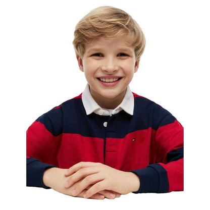 Red - Side - Tommy Hilfiger Childrens-Kids Striped Long-Sleeved Polo Shirt