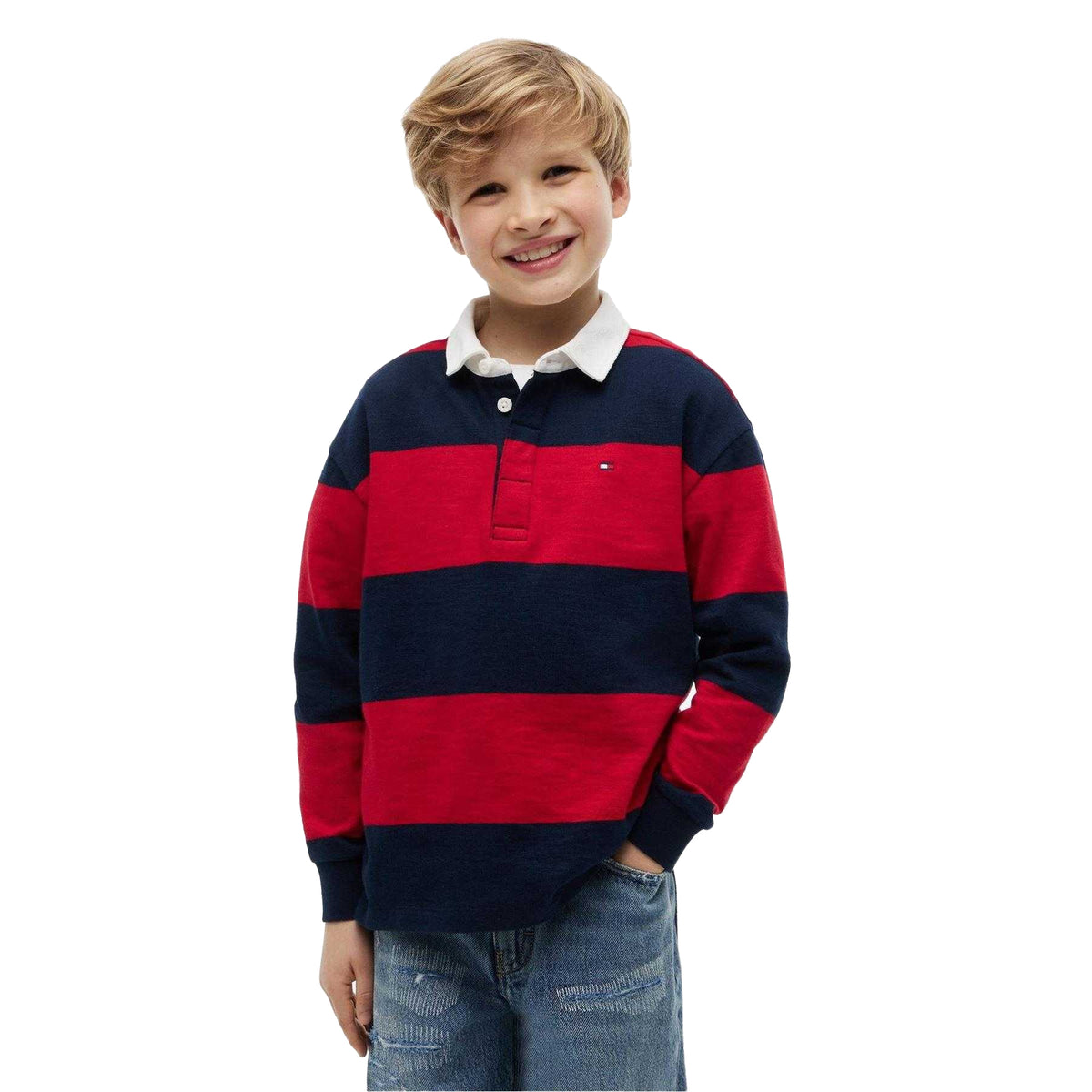 Red - Lifestyle - Tommy Hilfiger Childrens-Kids Striped Long-Sleeved Polo Shirt