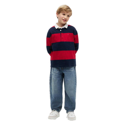 Red - Pack Shot - Tommy Hilfiger Childrens-Kids Striped Long-Sleeved Polo Shirt