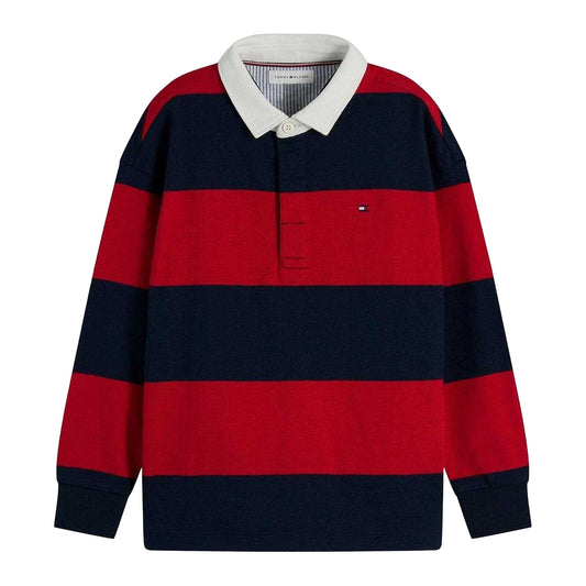 Red - Front - Tommy Hilfiger Childrens-Kids Striped Long-Sleeved Polo Shirt