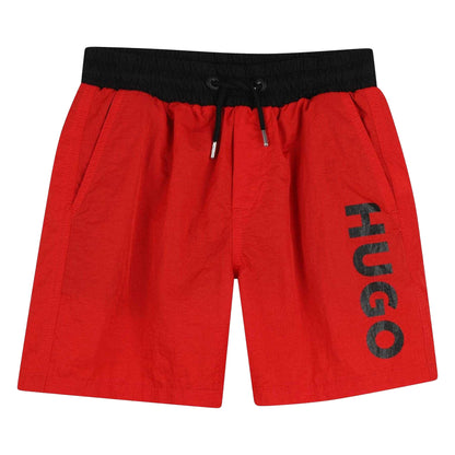 Bright Red - Front - Hugo Childrens-Kids Logo Swim Shorts