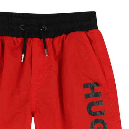 Bright Red - Side - Hugo Childrens-Kids Logo Swim Shorts