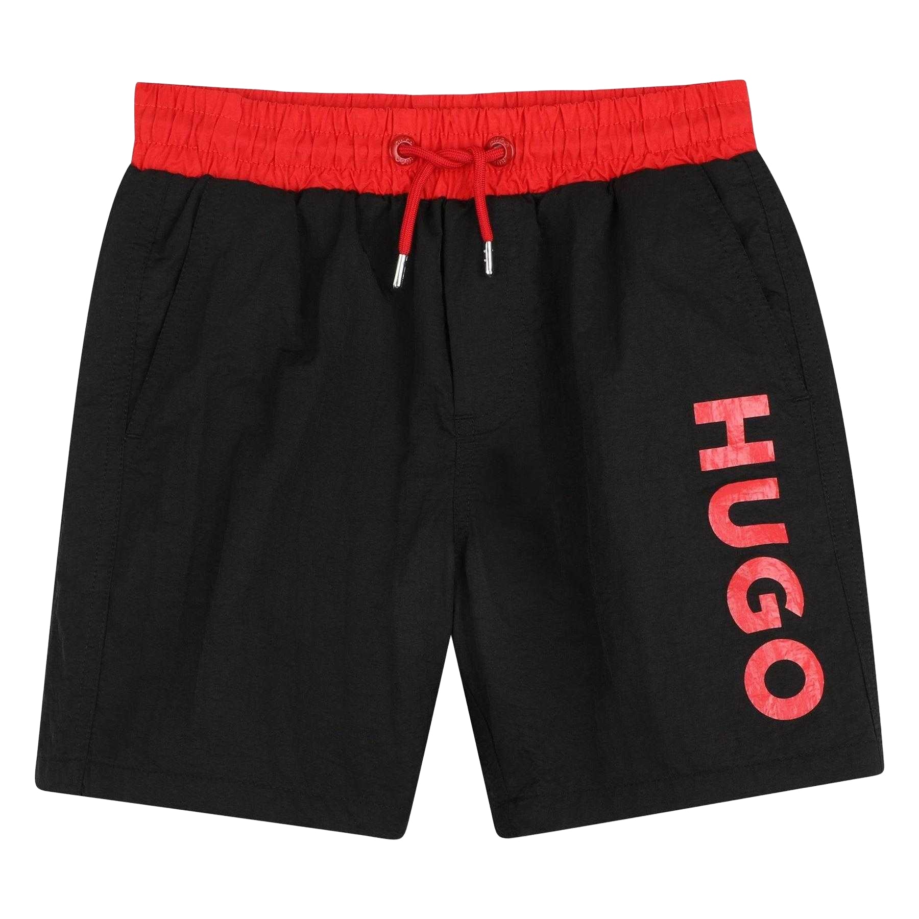 Black - Front - Hugo Childrens-Kids Logo Swim Shorts