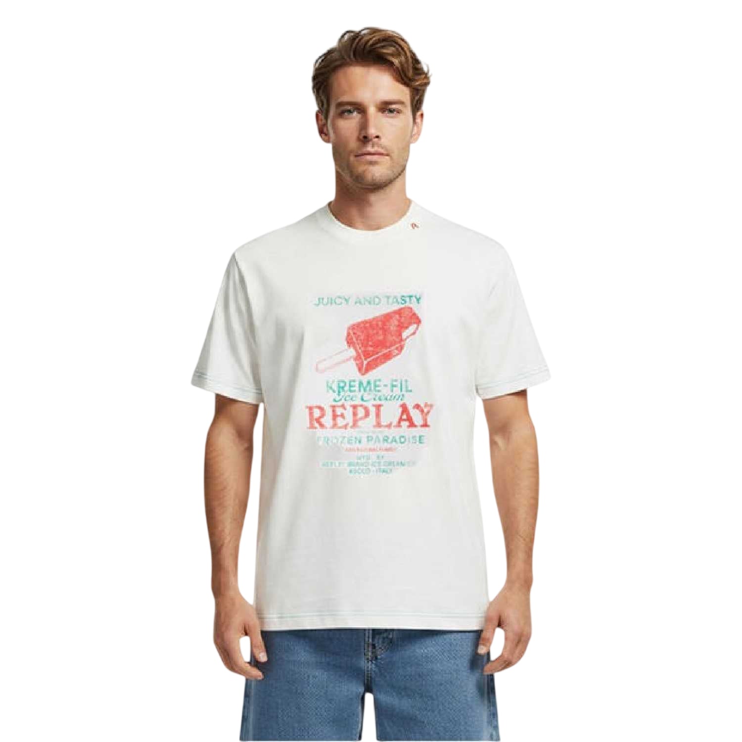 White - Side - Replay Mens Ice Cream T-Shirt