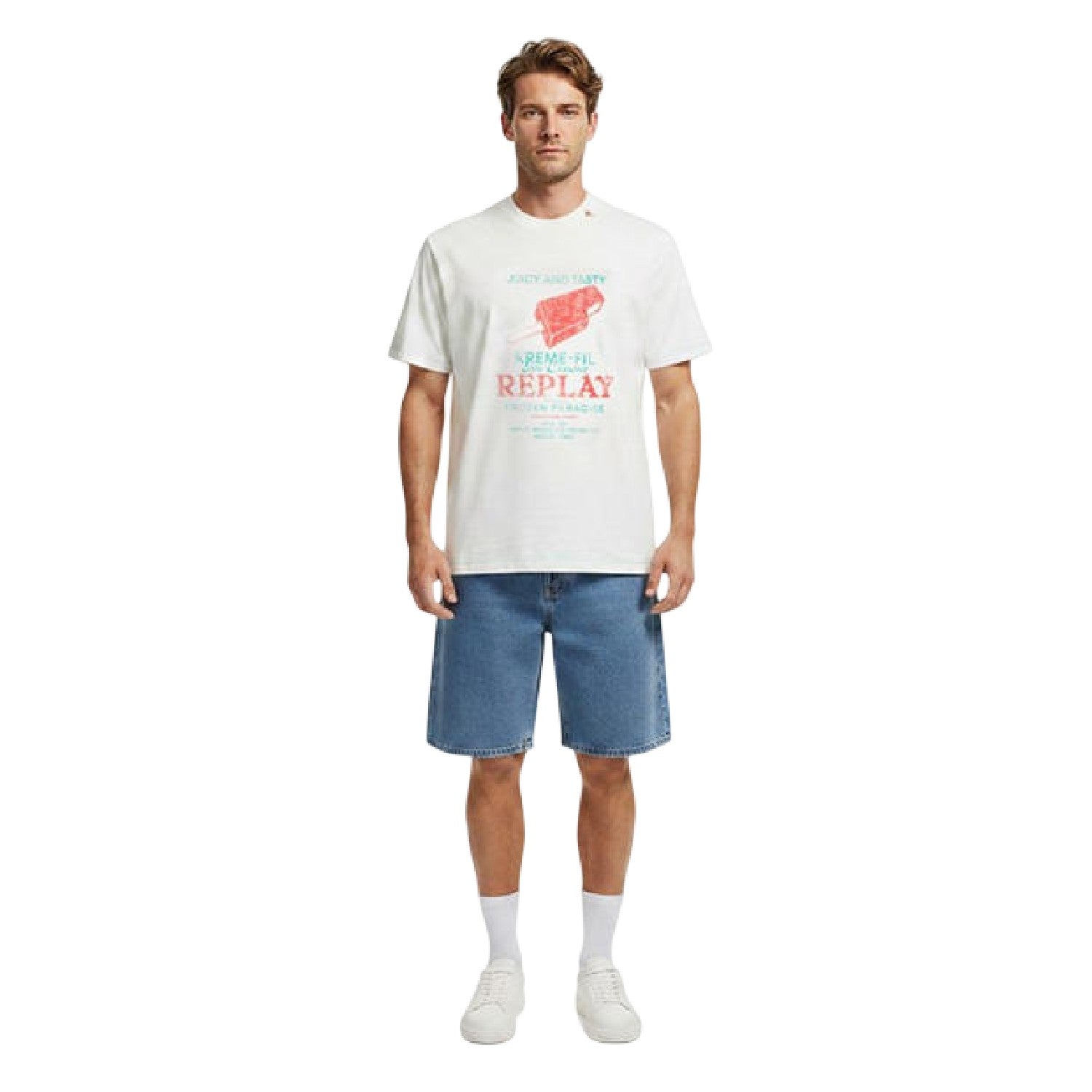 White - Pack Shot - Replay Mens Ice Cream T-Shirt