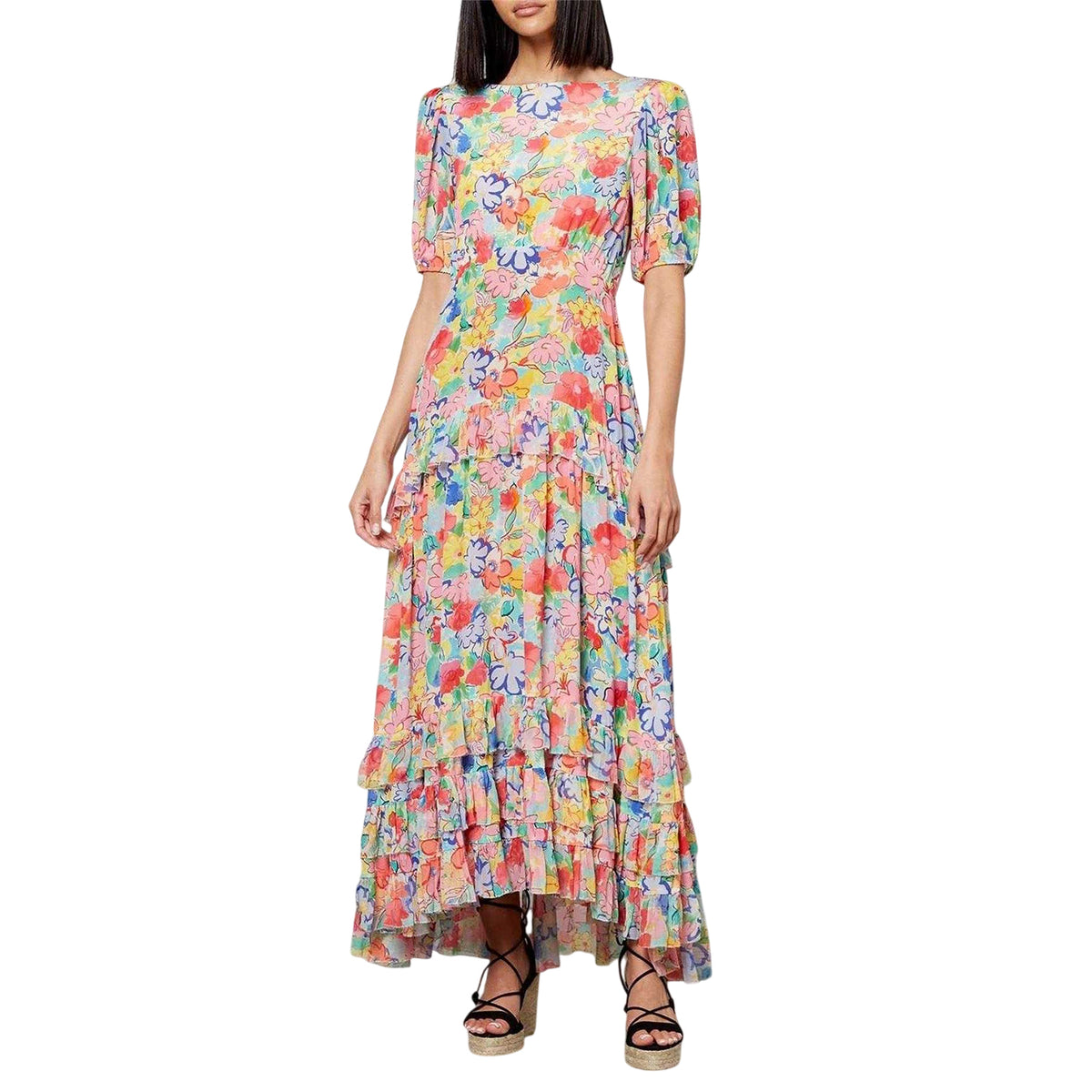 Multicoloured - Front - RIXO Womens-Ladies Floral Silk Puff Sleeve Maxi Dress