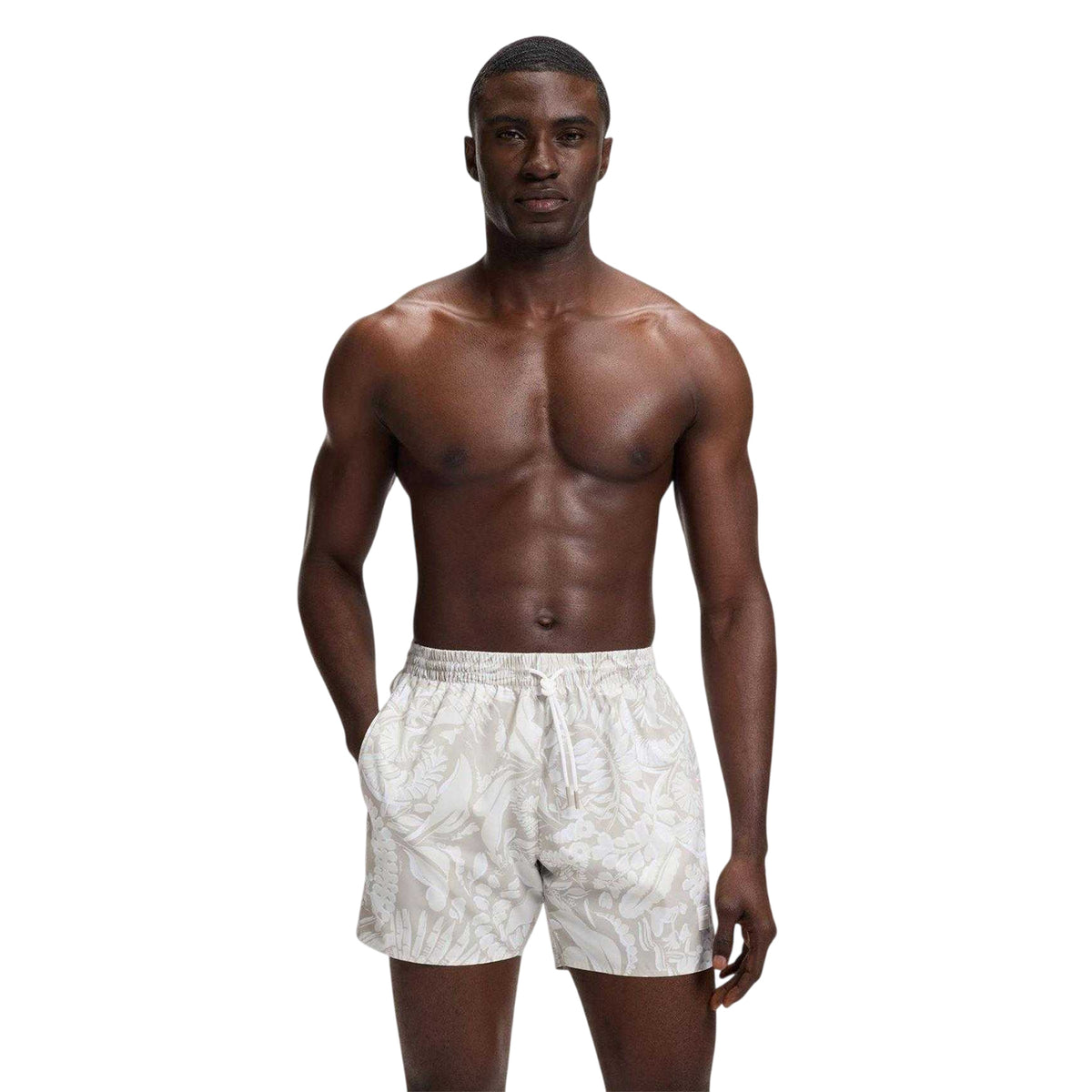 Light Beige - Side - Hugo Mens Piranha Leaf Print Swim Shorts