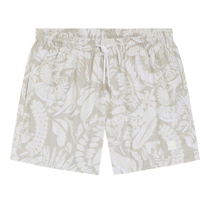 Light Beige - Front - Hugo Mens Piranha Leaf Print Swim Shorts