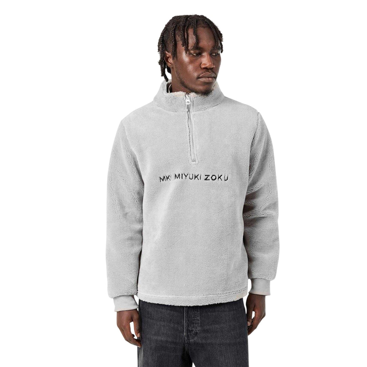 Grey - Side - MKI MIYUKI ZOKU Mens Sherpa Fleece Relaxed Fit Fleece