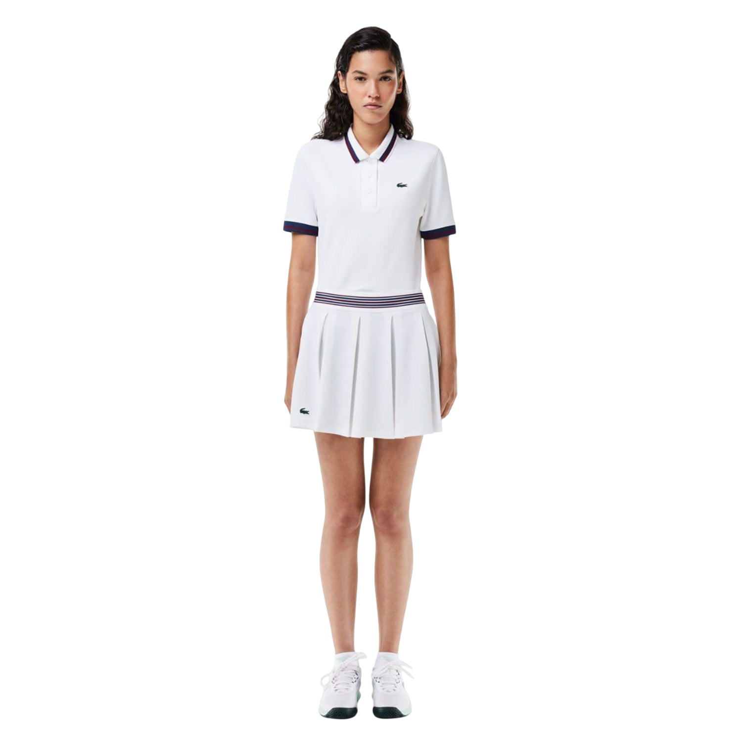 White-Blue - Close up - Lacoste Womens-Ladies Piqué Tennis Skirt