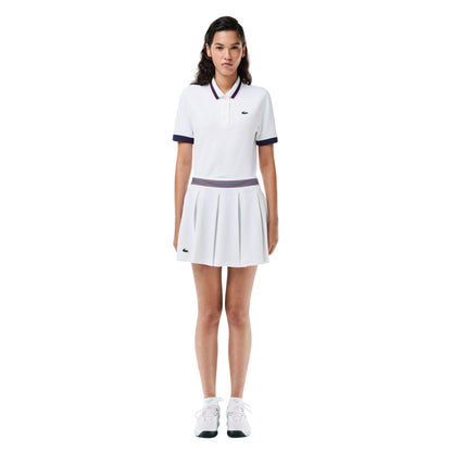 White-Blue - Close up - Lacoste Womens-Ladies Piqué Tennis Skirt