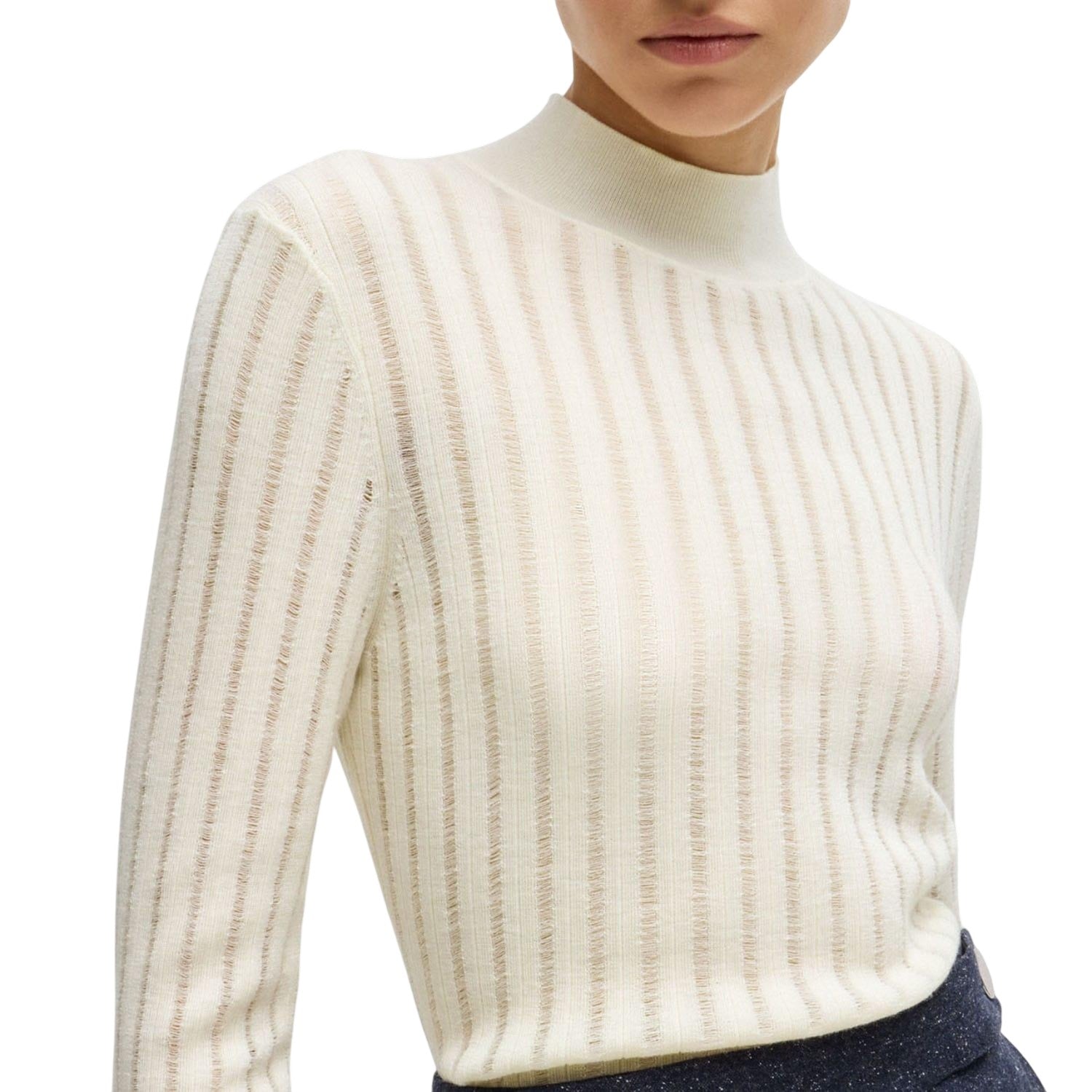 White - Side - Boss Womens-Ladies Fatirami Stripe Sweater Top