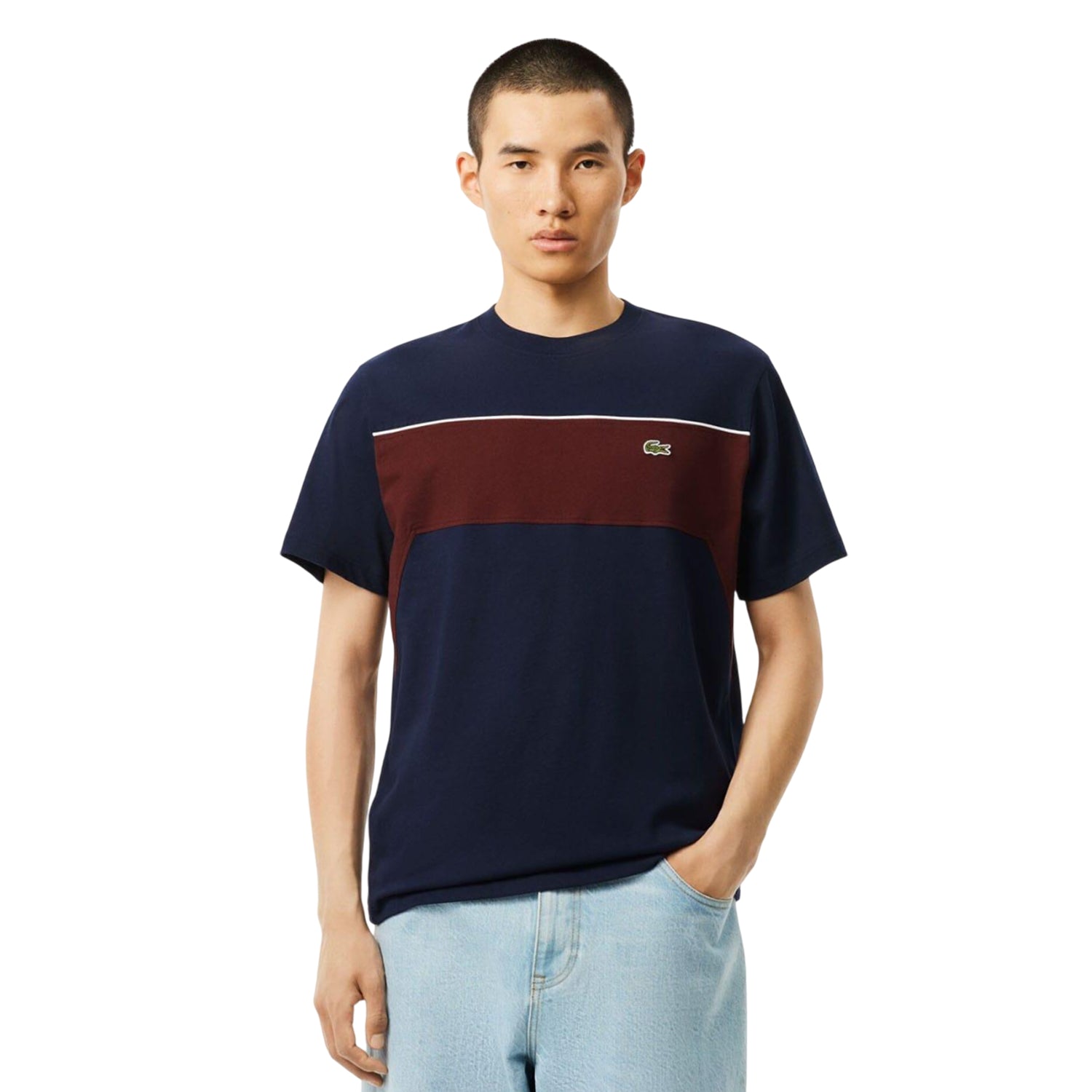 Navy-Red - Pack Shot - Lacoste Mens Colour Block Cotton T-Shirt