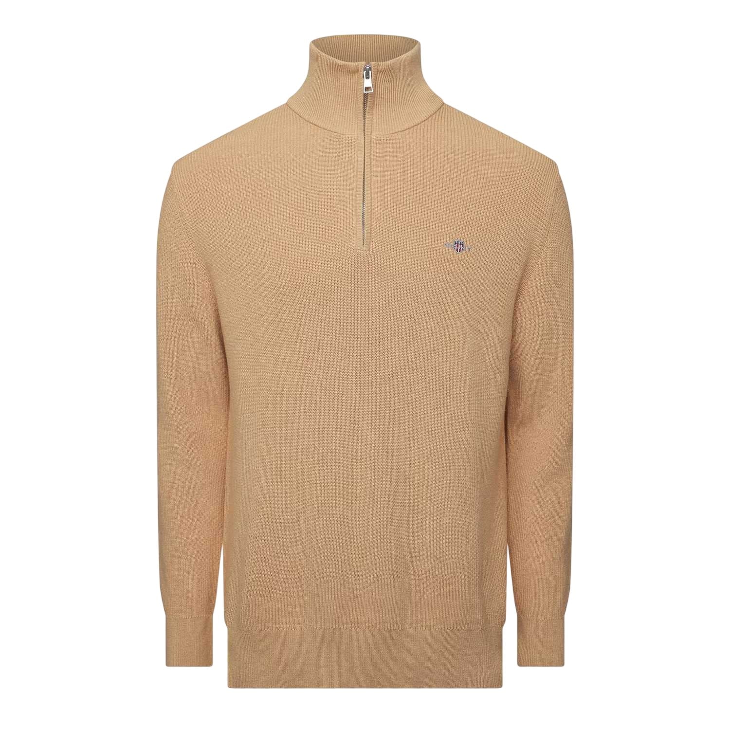 Khaki Melange - Front - Gant Mens Cotton Merino Quarter Zip Jumper