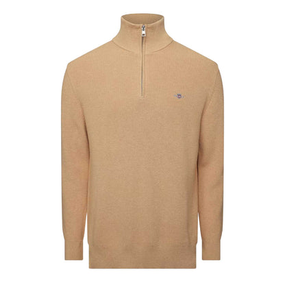 Khaki Melange - Front - Gant Mens Cotton Merino Quarter Zip Jumper