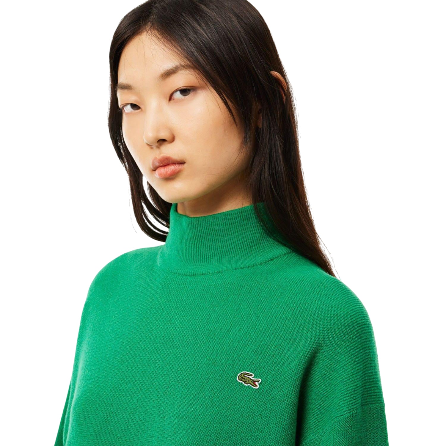 Green - Side - Lacoste Womens-Ladies Carded Wool High-Neck Relaxed Fit Sweater Top