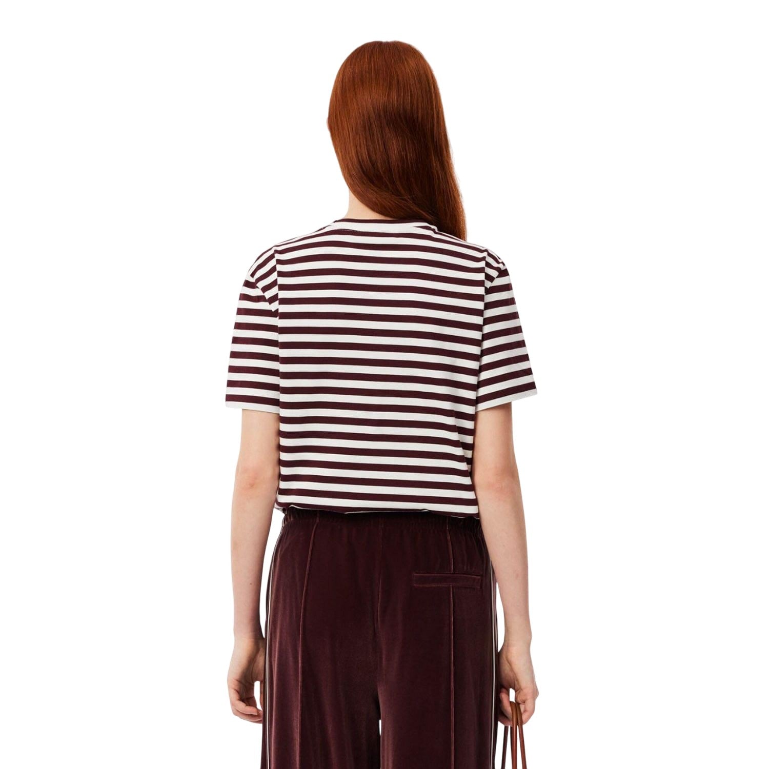 Maroon Red - Back - Lacoste Womens-Ladies Striped Cotton Loose Fit T-Shirt