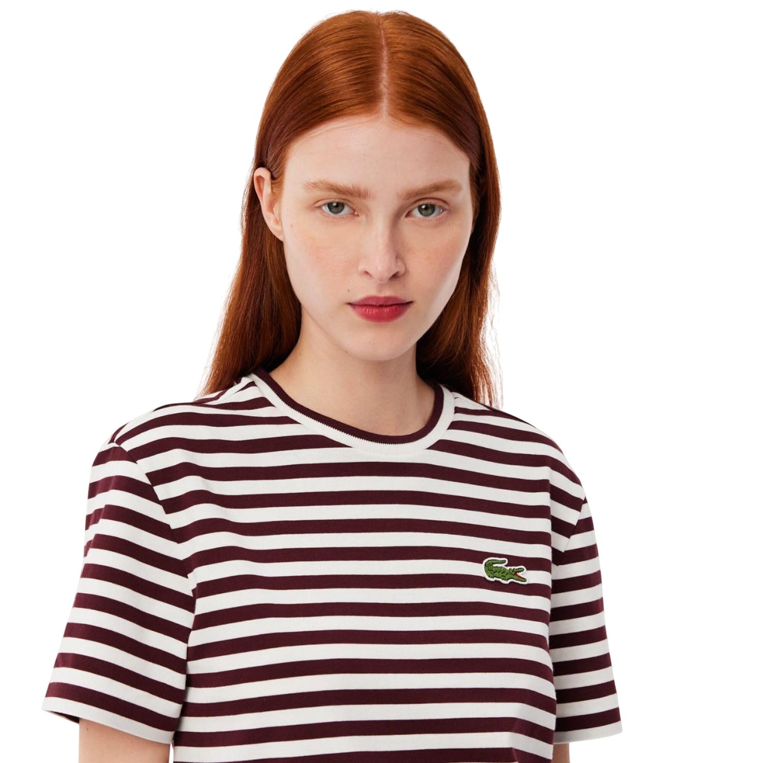 Maroon Red - Side - Lacoste Womens-Ladies Striped Cotton Loose Fit T-Shirt
