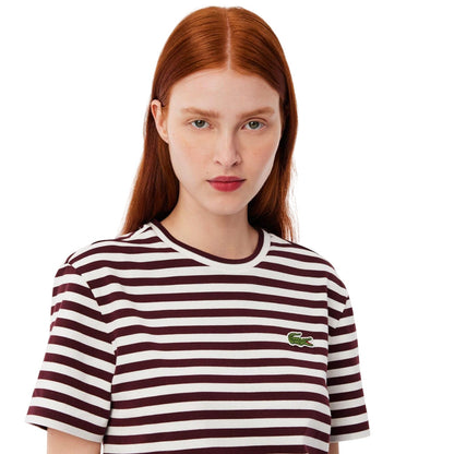 Maroon Red - Side - Lacoste Womens-Ladies Striped Cotton Loose Fit T-Shirt