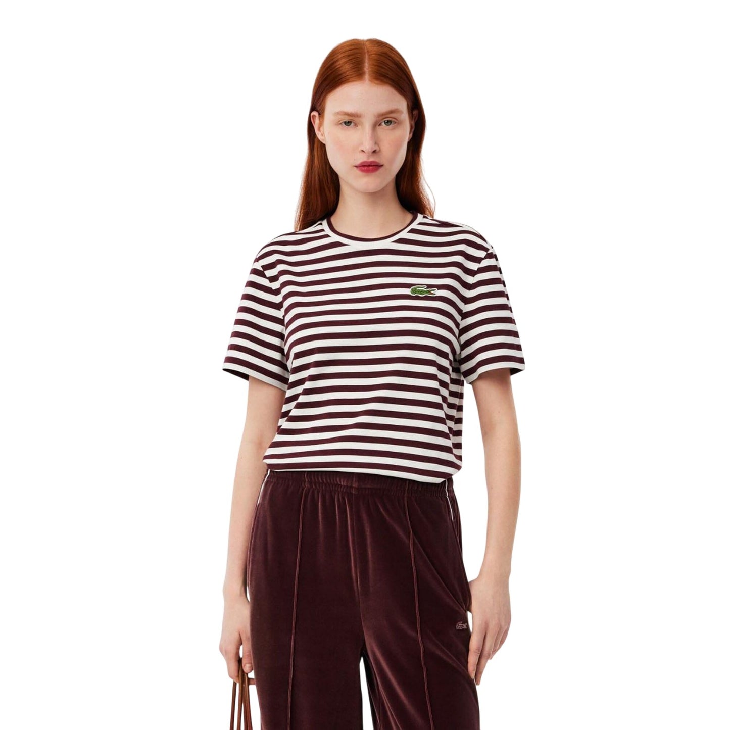 Maroon Red - Lifestyle - Lacoste Womens-Ladies Striped Cotton Loose Fit T-Shirt
