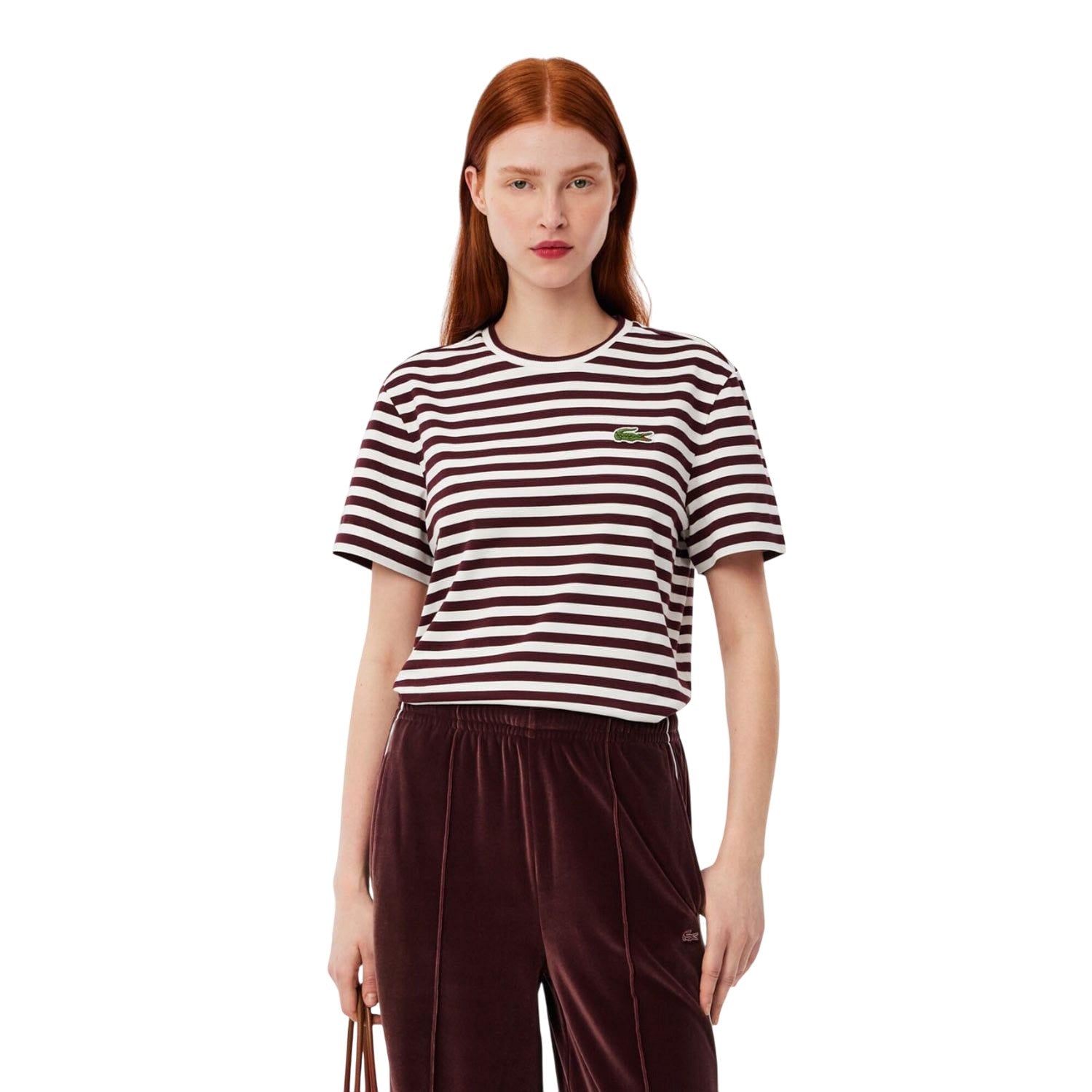 Maroon Red - Lifestyle - Lacoste Womens-Ladies Striped Cotton Loose Fit T-Shirt