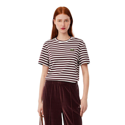 Maroon Red - Lifestyle - Lacoste Womens-Ladies Striped Cotton Loose Fit T-Shirt