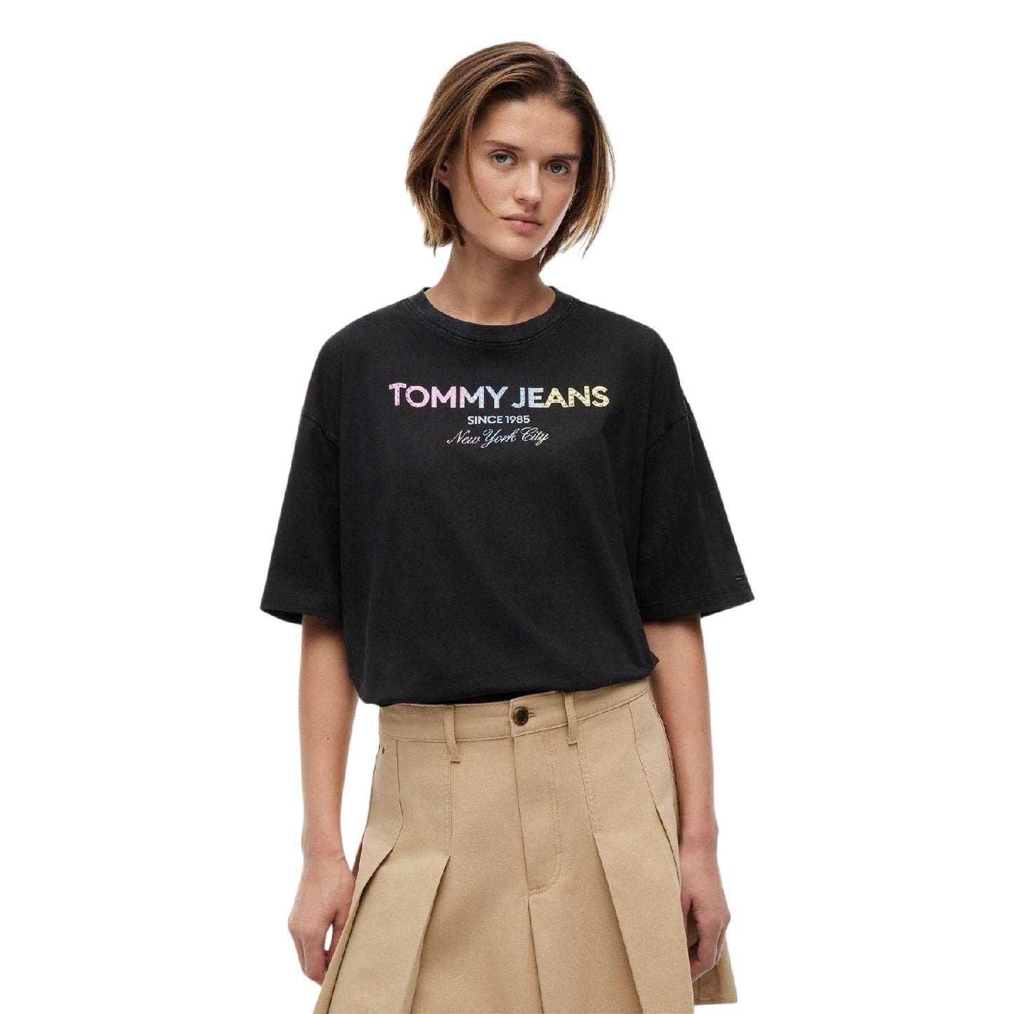 Black - Side - Tommy Jeans Womens-Ladies Gradient Logo Oversized T-Shirt