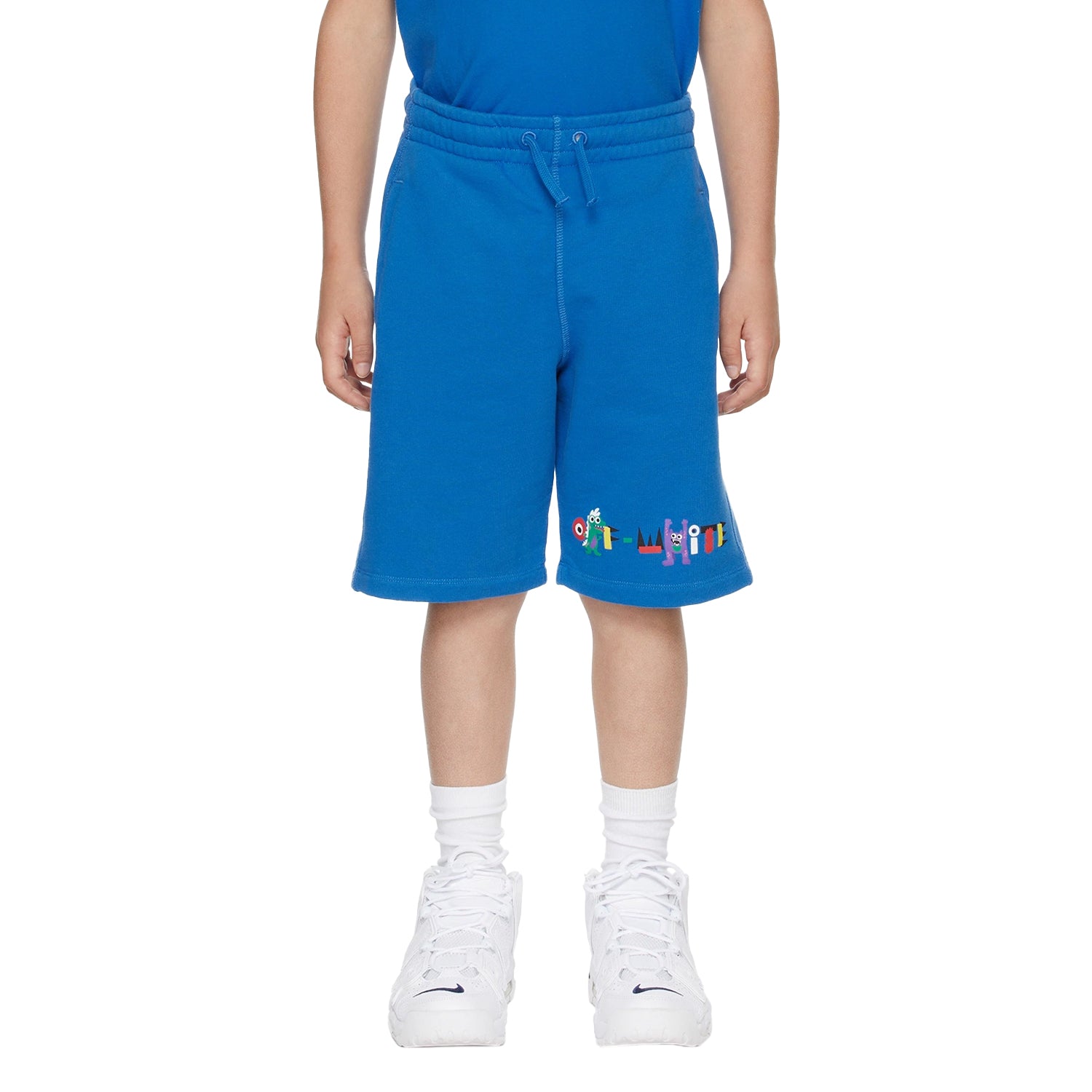 Blue-White - Side - Off-White Childrens-Kids Monsters Sweat Shorts
