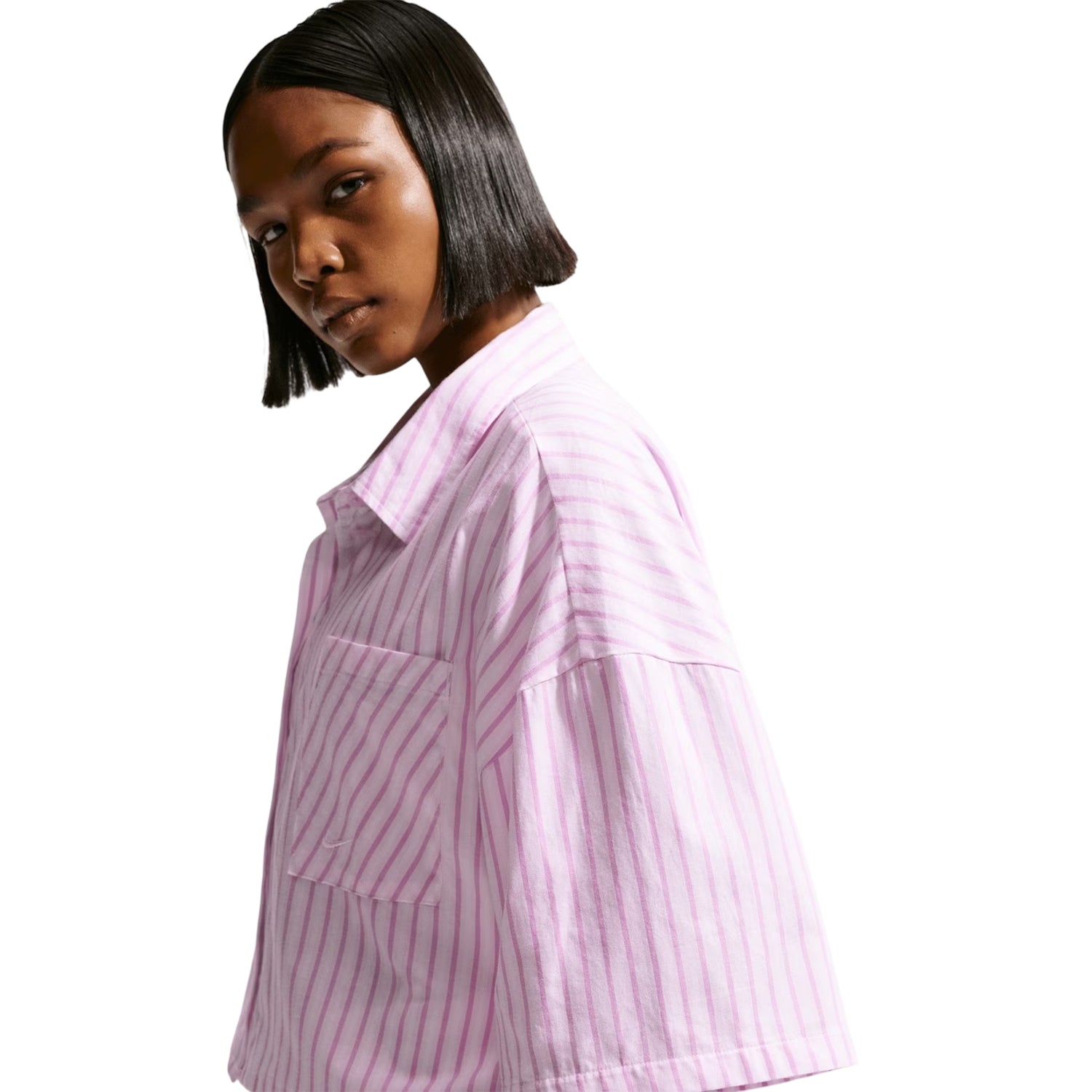 Magenta - Side - Nike Womens-Ladies Stripe Poplin Short-Sleeved Shirt