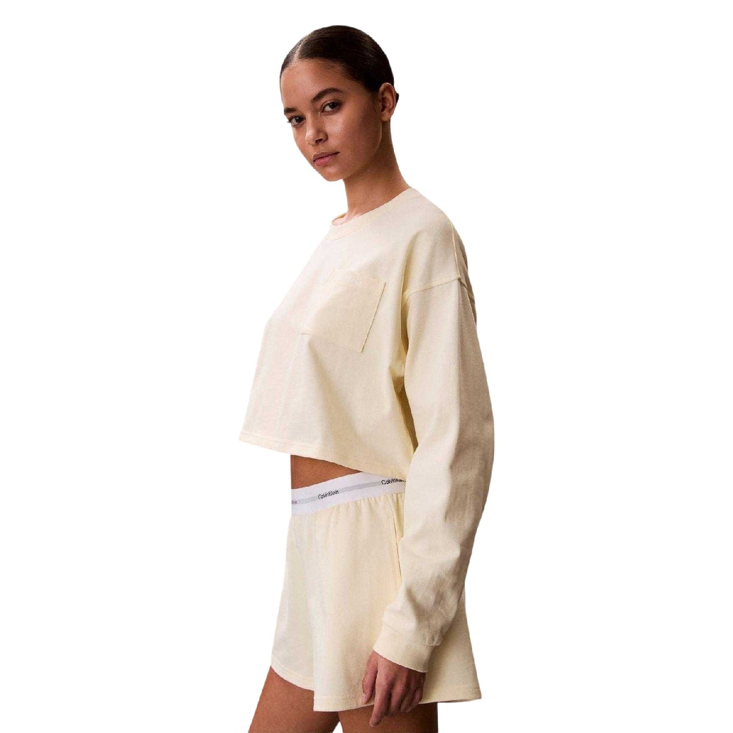 Pearl - Side - Calvin Klein Womens-Ladies Long-Sleeved Crop Top