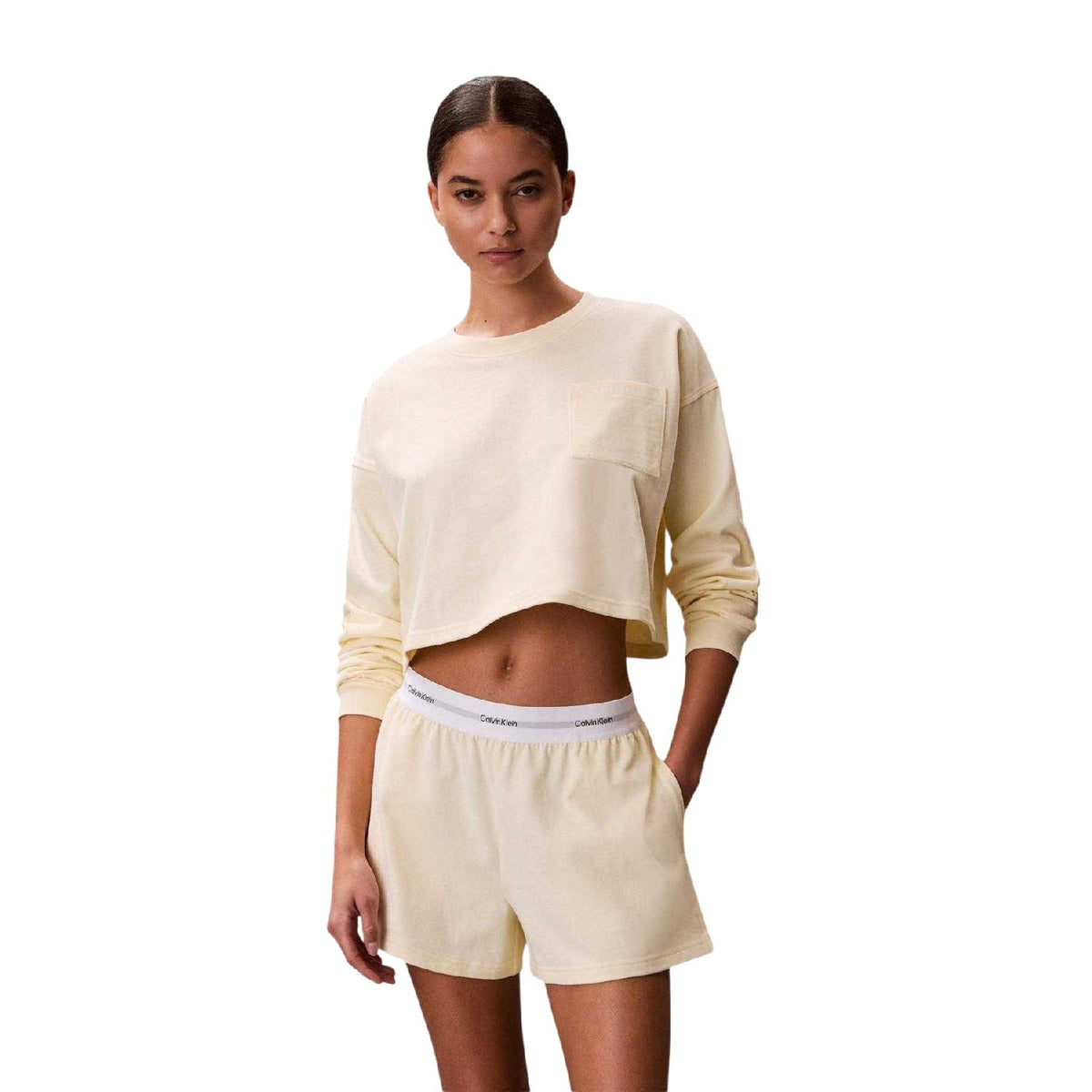 Pearl - Front - Calvin Klein Womens-Ladies Long-Sleeved Crop Top