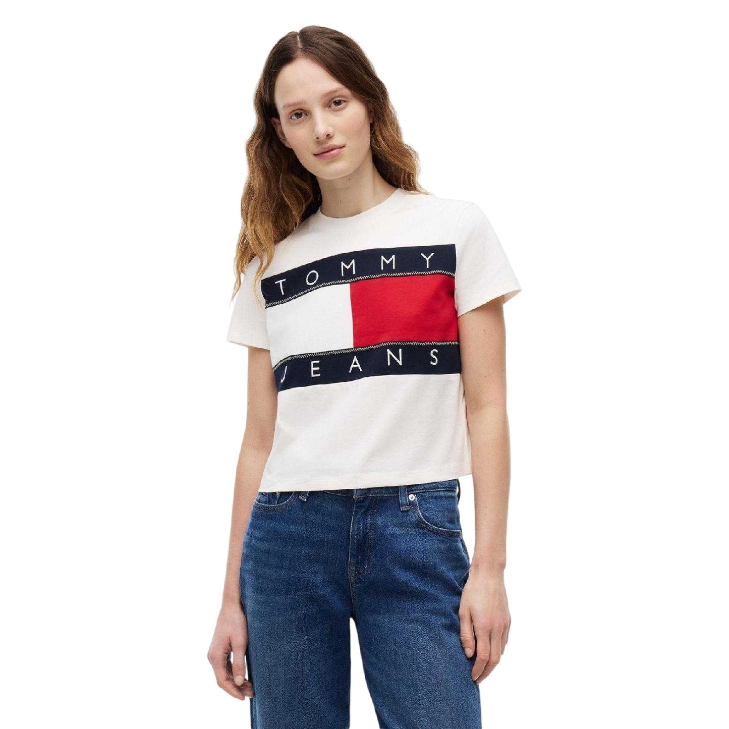 White - Side - Tommy Jeans Womens-Ladies Logo Crop Top
