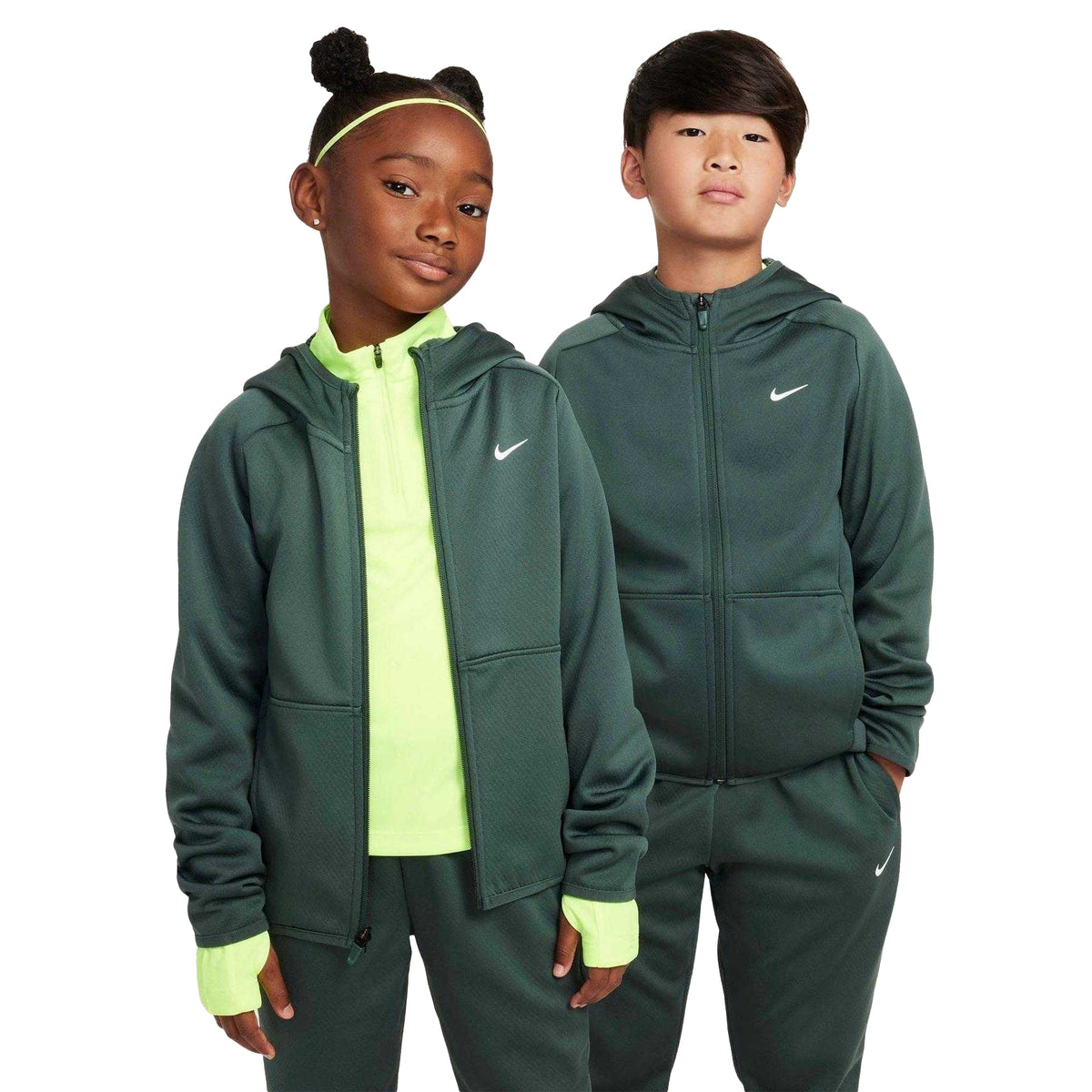Vintage Green - Pack Shot - Nike Childrens-Kids Therma Fit Long-Sleeved Full Zip Hoodie