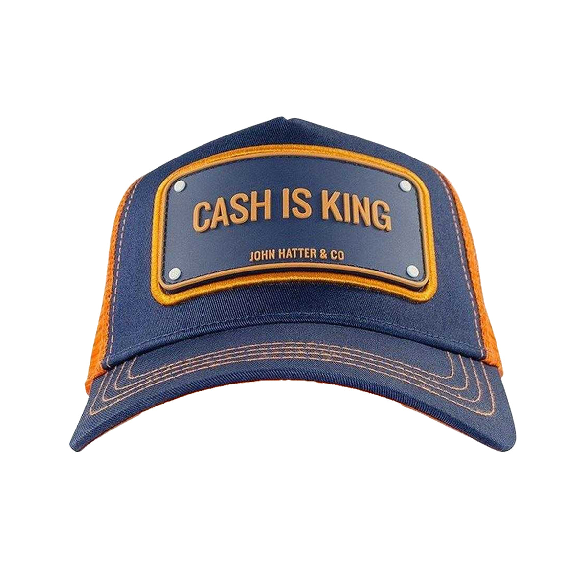 Dark Blue-Orange - Side - John Hatter Mens Cash Is King Trucker Cap