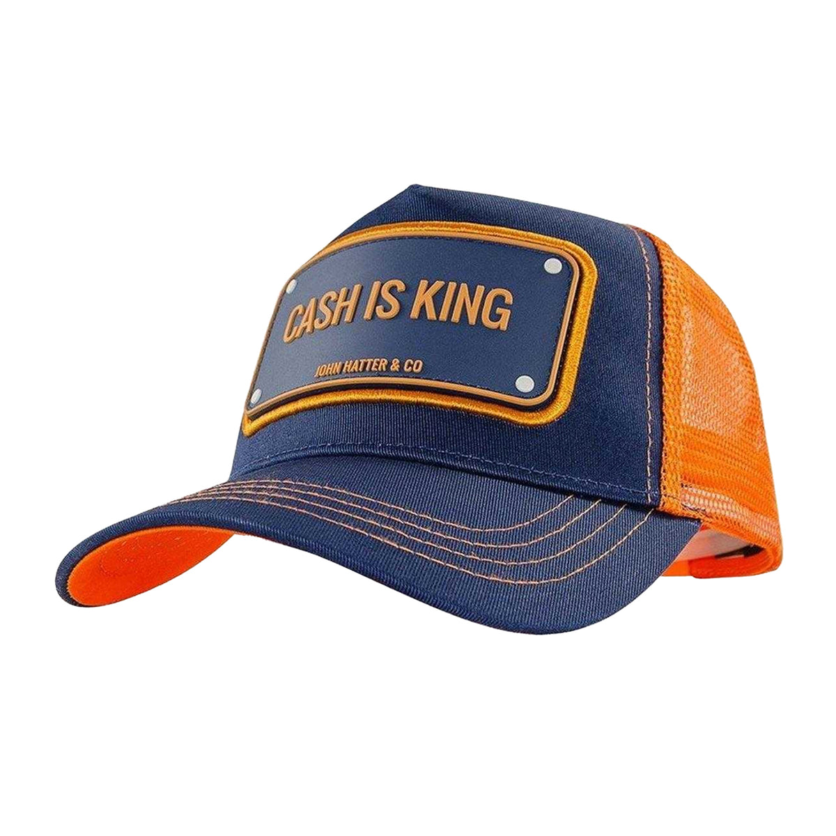 Dark Blue-Orange - Front - John Hatter Mens Cash Is King Trucker Cap