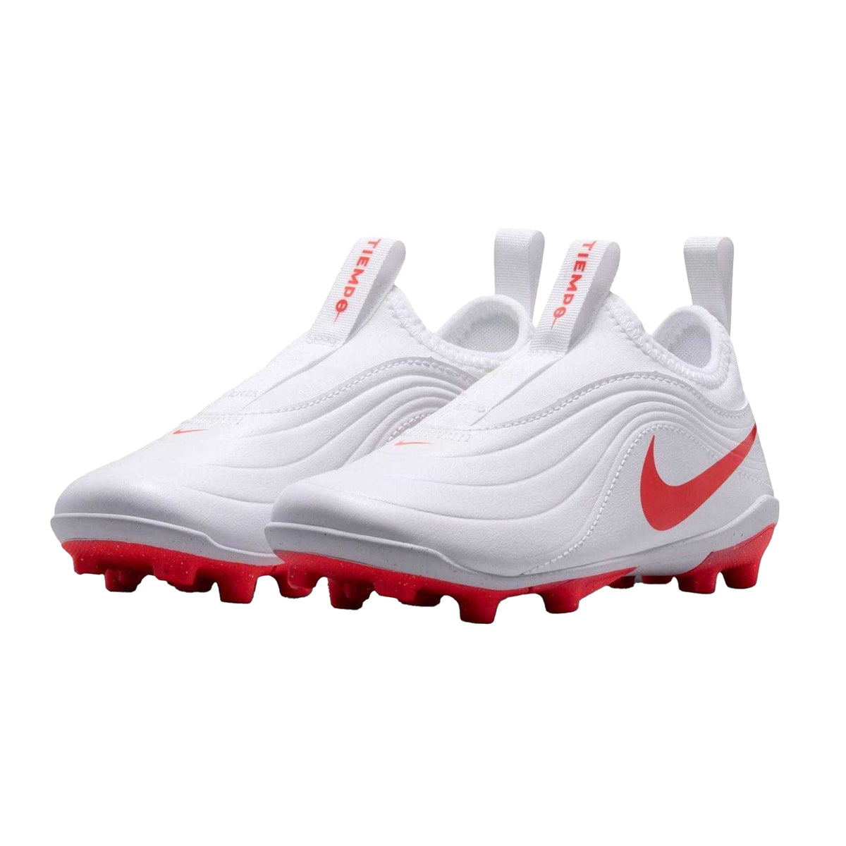 White-Red - Close up - Nike Childrens-Kids Tiempo Club Firm Ground Football Boots