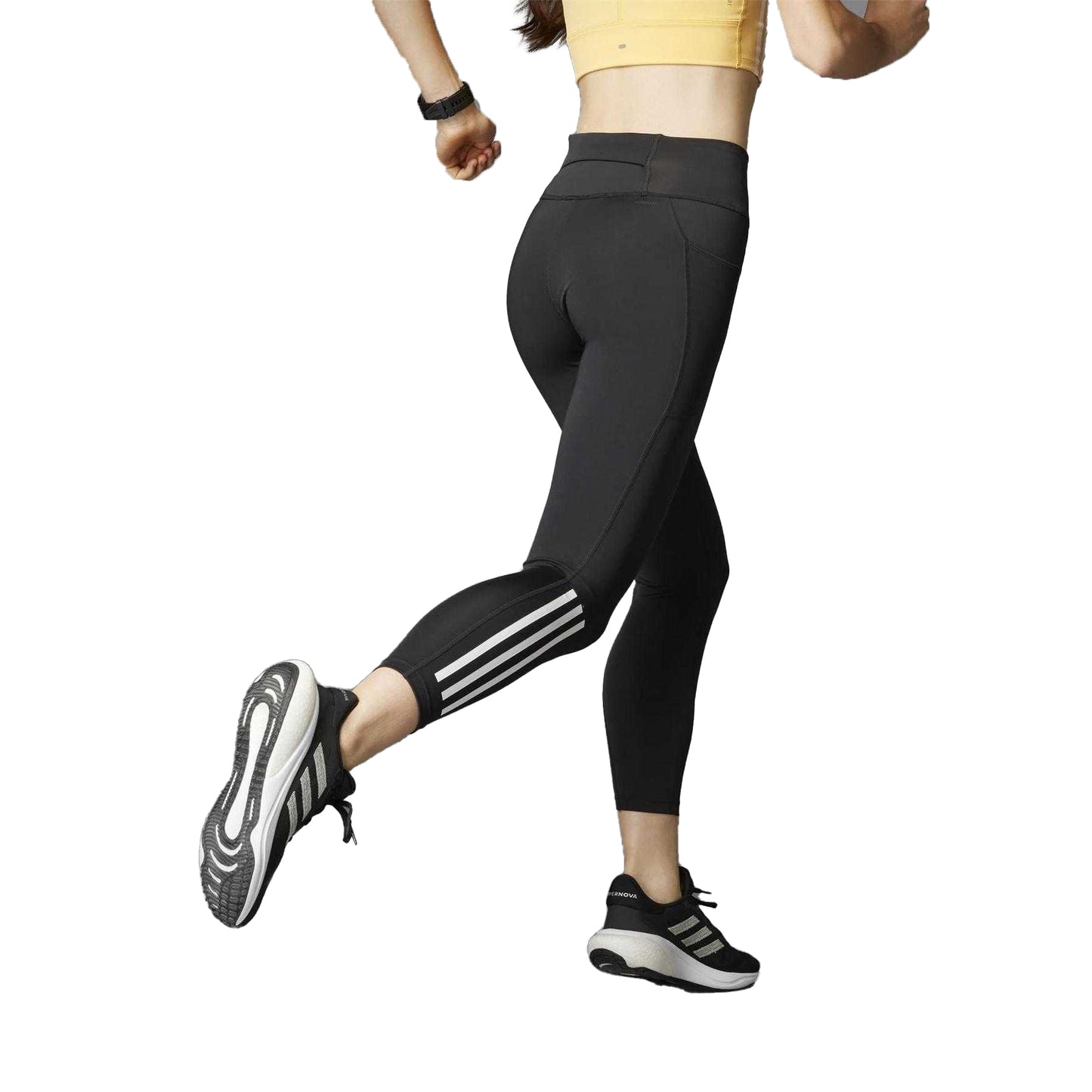 Black - Back - Adidas Womens-Ladies Daily Run 3 Stripes High Rise Leggings