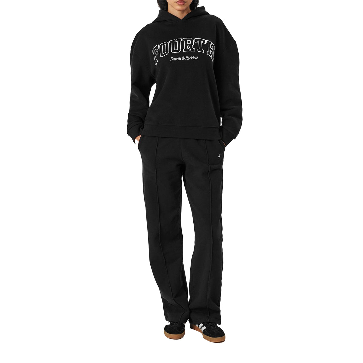 Black - Close up - 4th & Reckless Womens-Ladies Cara Lettering Relaxed Fit Hoodie