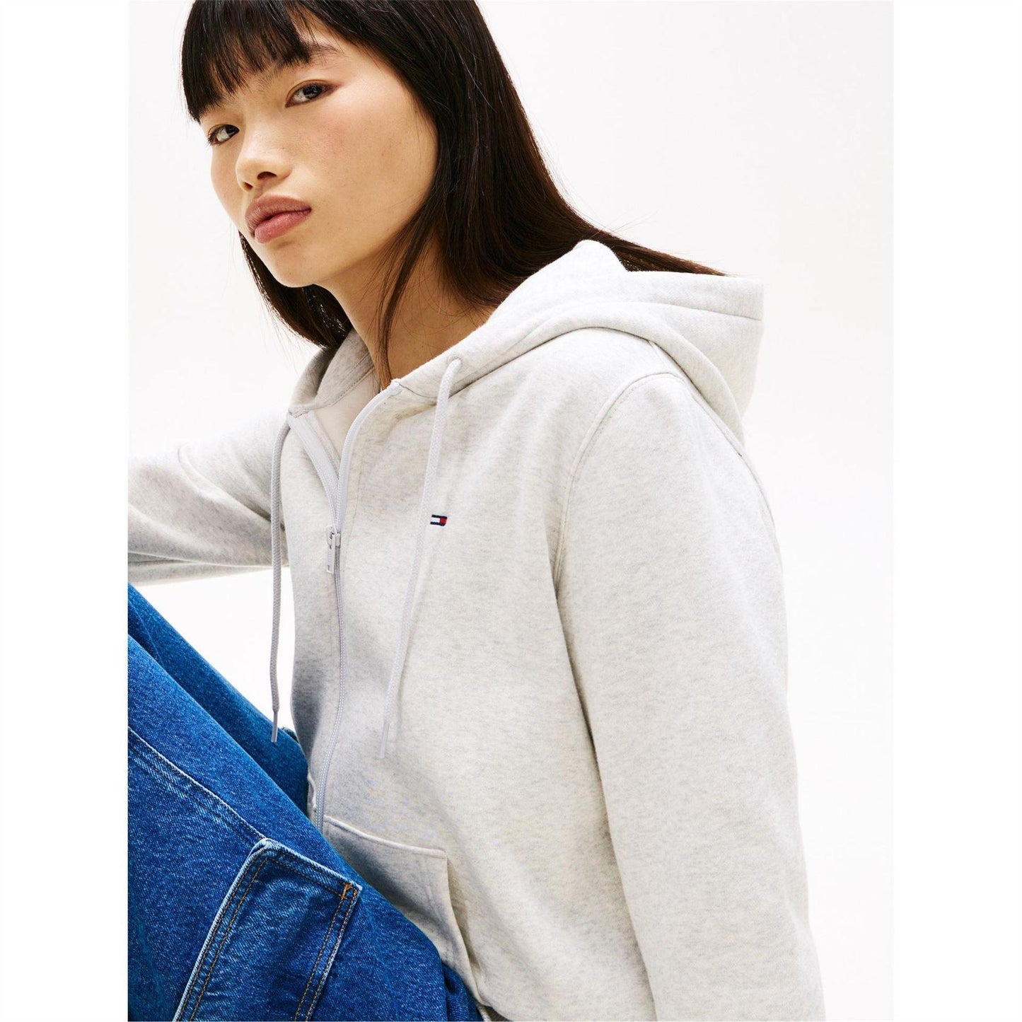 Ice Grey Heather - Side - Tommy Jeans Womens-Ladies Logo Full Zip Hoodie