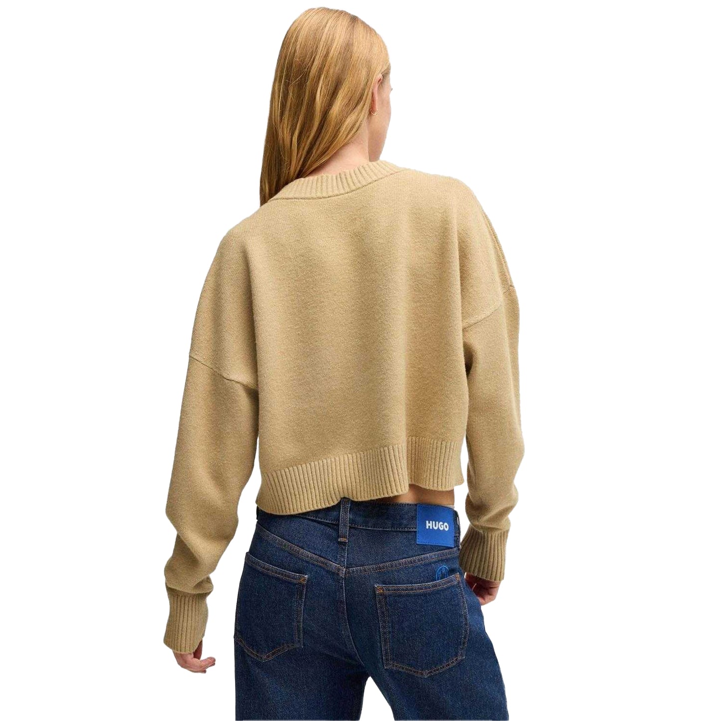 Beige - Back - Hugo Womens-Ladies Sester B Cropped Relaxed Fit Sweater Top