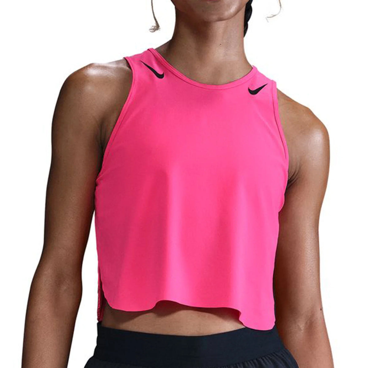 Pink-Black - Close up - Nike Womens-Ladies Dri-FIT Cropped Tank Top