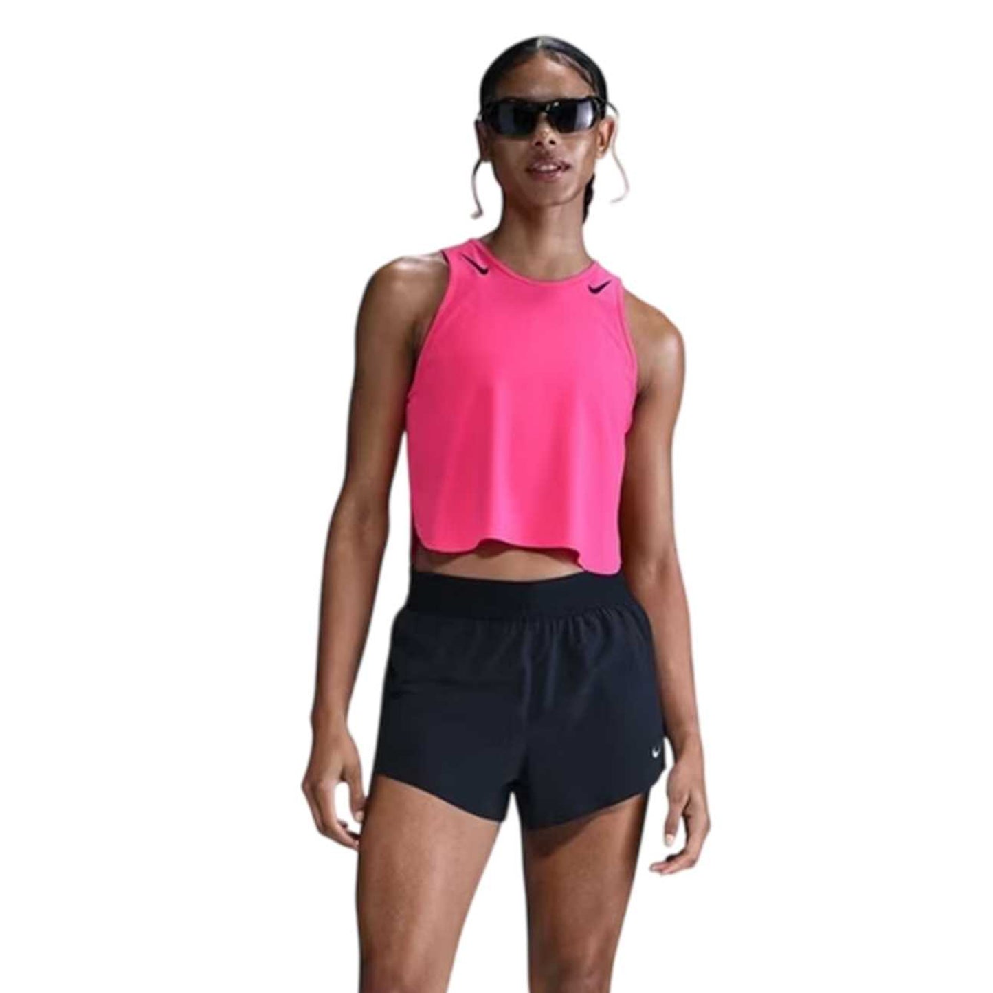 Pink-Black - Front - Nike Womens-Ladies Dri-FIT Cropped Tank Top
