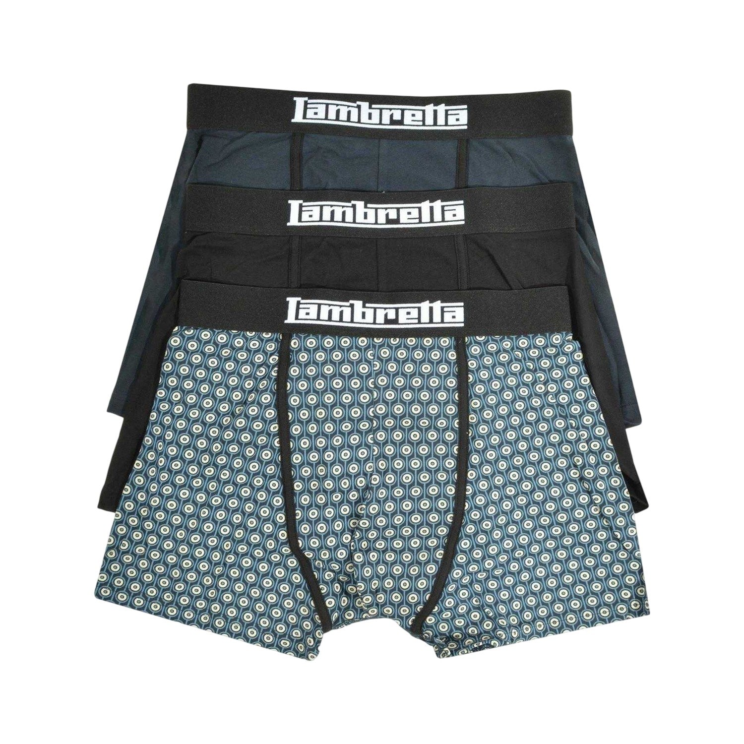 Navy-Silver-Black - Back - Lambretta Mens Logo Boxer Shorts (Pack of 3)