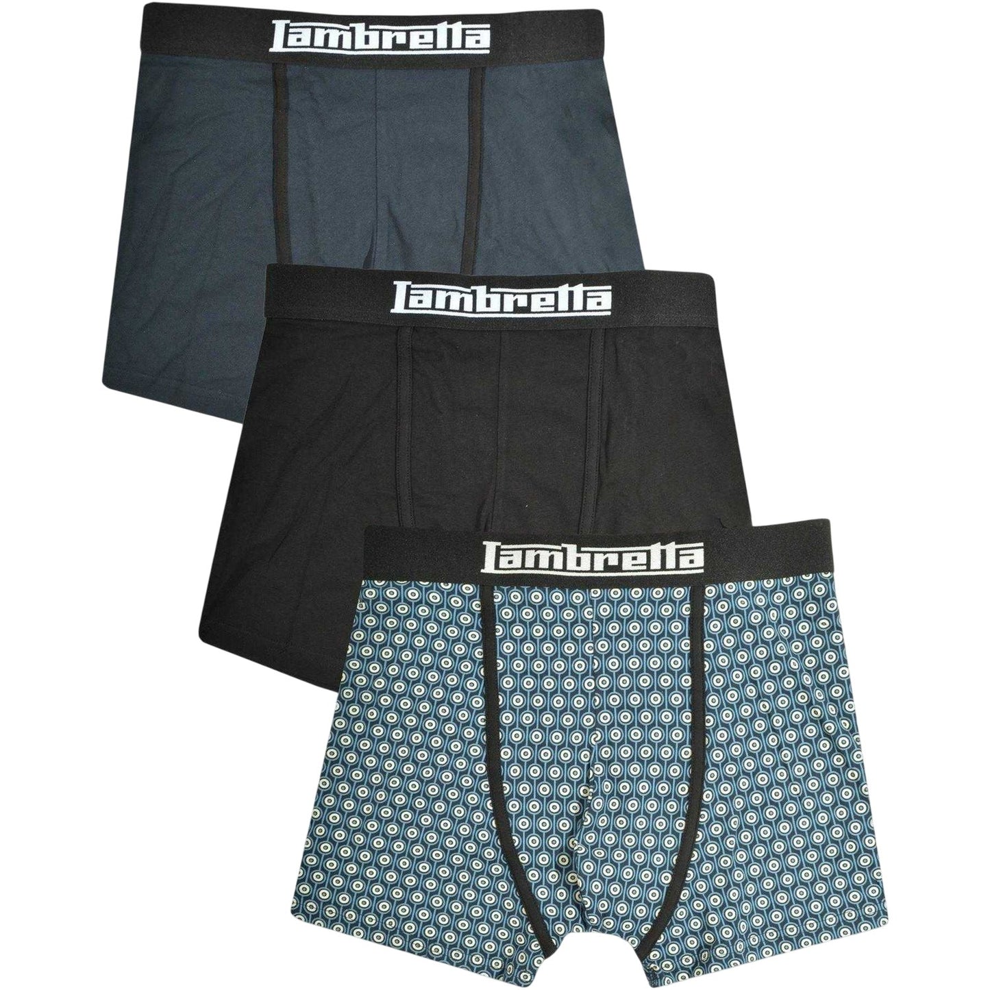Navy-Silver-Black - Front - Lambretta Mens Logo Boxer Shorts (Pack of 3)