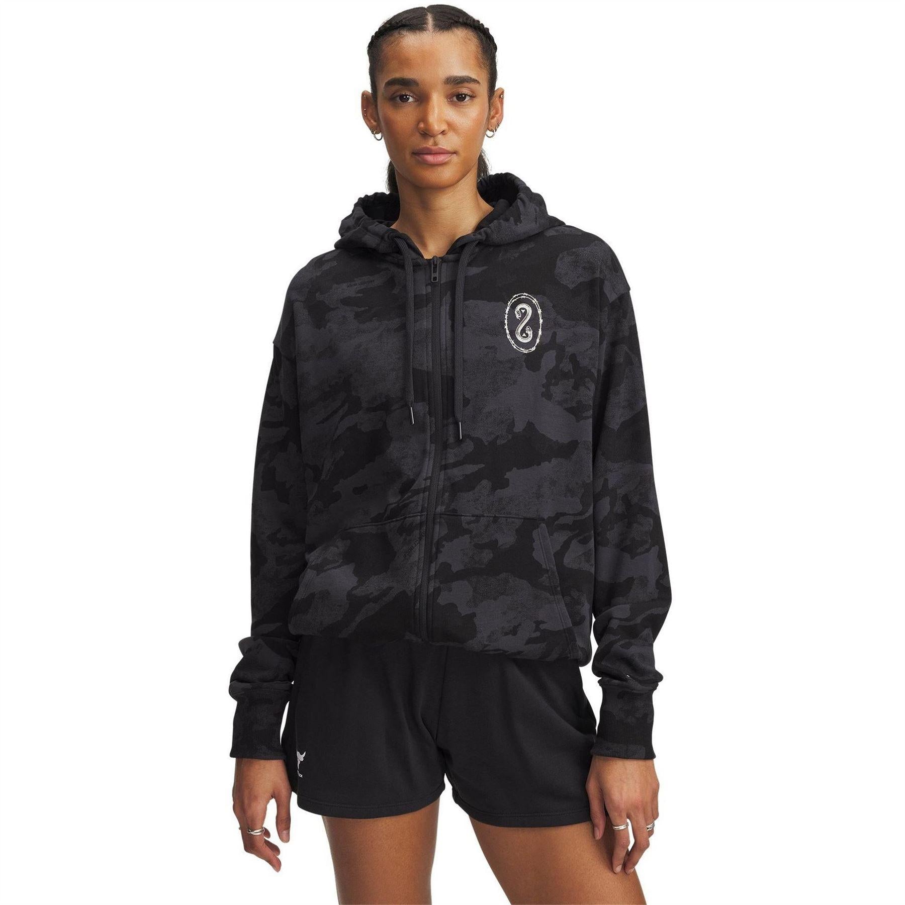 Black - Front - Under Armour Womens-Ladies Project Rock French Terry Full Zip Hoodie